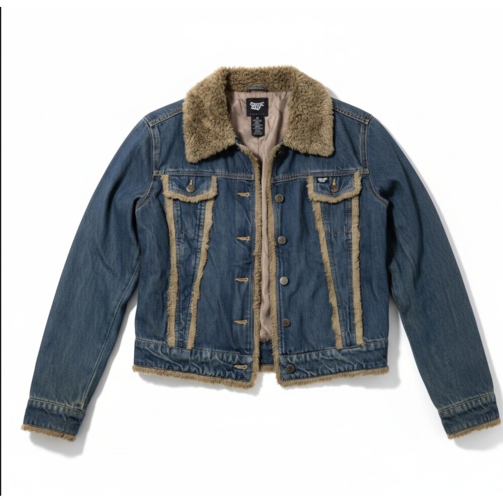 Vintage Y2K Coffee Shop Sherpa-Lined Denim Jacket, Size M